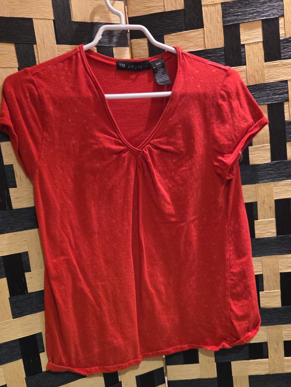 Red V-Neck Short Sleeve Tee with Gathered Front